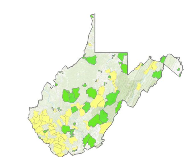 West Virginia’s food deserts are show in green on the map below. 